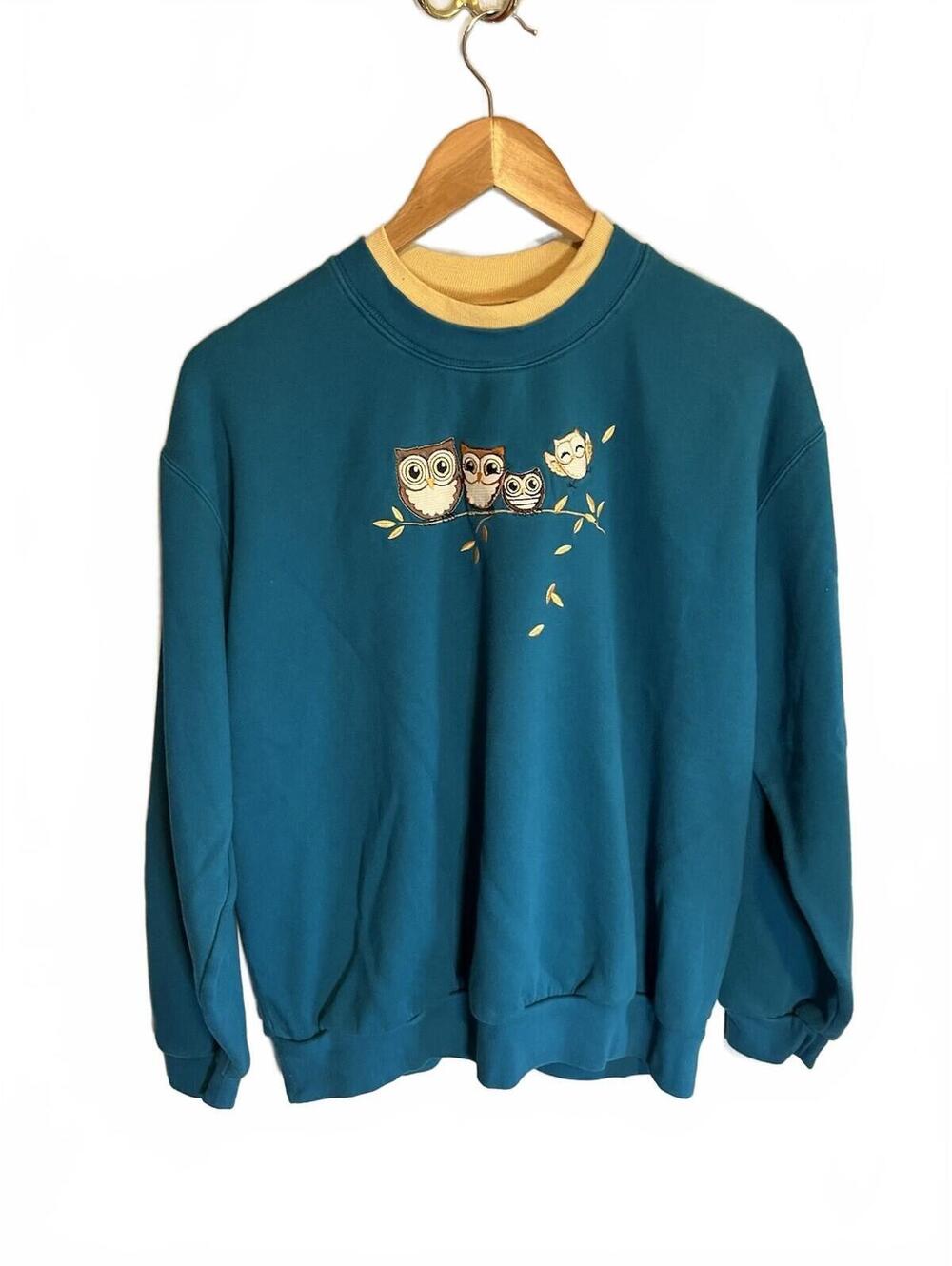 Vintage Top Stitch Embroidered Owls Teal 90s Grandma Crew Sweatshirt L